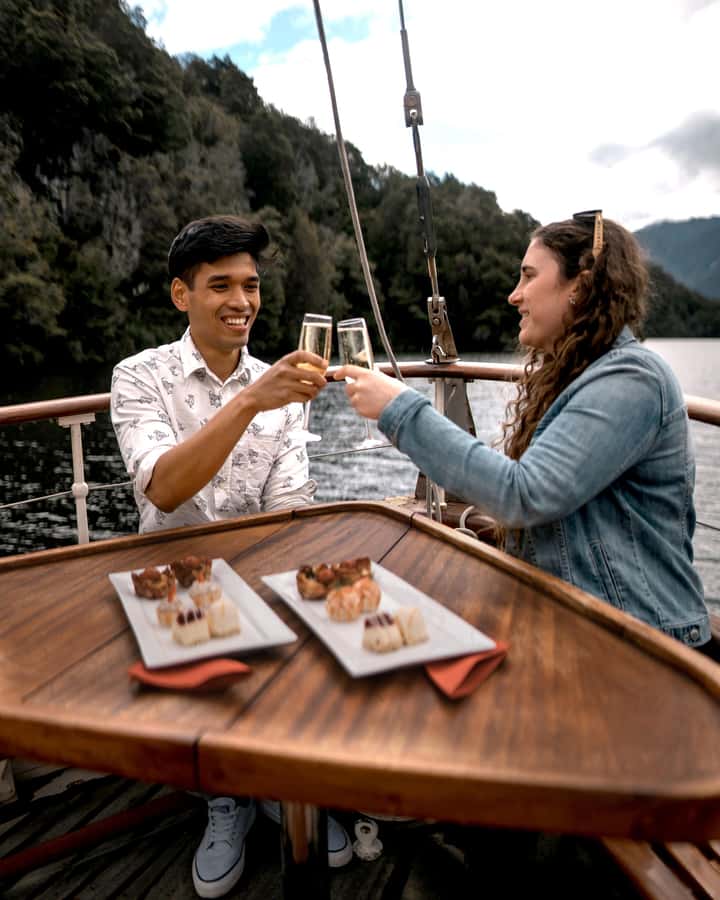 Evening Champagne Cruise on Historic 1935 Motor Yacht. - Cruising Lake Te Anau as evening light changes